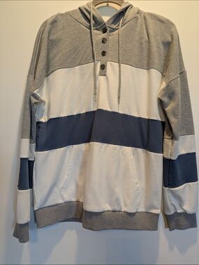 Amazon Unisex Hooded Pullover in Gray, White & Navy Stripe Large